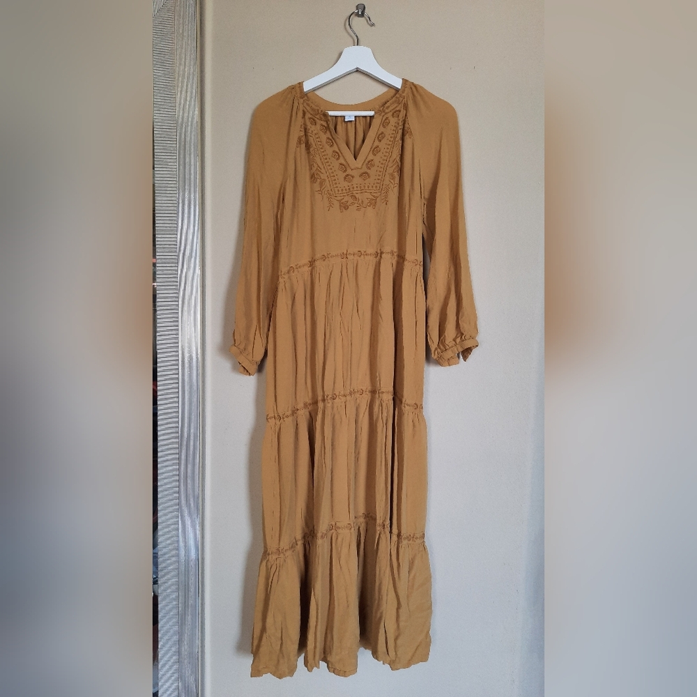 Old Navy Embroidered Tiered Puff Sleeve Mustard Yellow Boho Dress Bohemian